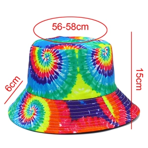 Detail view of rainbow tie-dye bucket hat with size measurements 56-58cm for beach sun protection