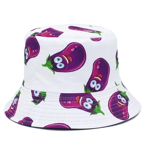 White canvas bucket hat with cute cartoon eggplant print for sun protection and fashion