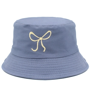 Blue cotton bucket hat for women with yellow bow embroidery and stylish sun protection
