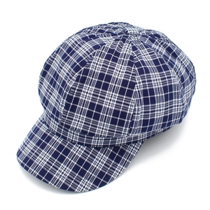 Vue détaillée du motif à carreaux bleu foncé et blanc de cette casquette gavroche