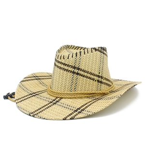 Straw cowboy hat with black plaid pattern, wide brim and adjustable chin strap