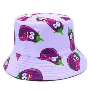 Light purple bucket hat with cute cartoon eggplant prints and stylish wide brim