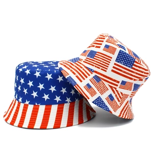 Reversible bucket hat featuring American flag stars and stripes pattern for sun protection
