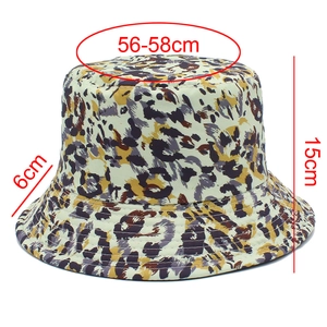 Leopard print bucket hat with sizing details showing 15cm height and 6cm brim width