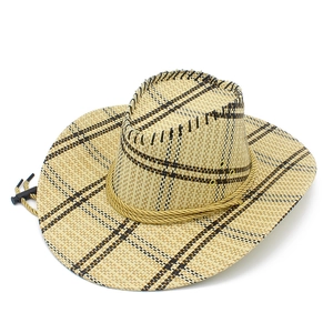 Detail of checkered straw cowboy hat showing metal eyelets and adjustable chin strap