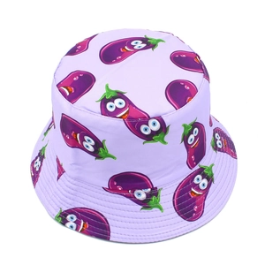 Detail of light purple fisherman hat with cute cartoon eggplant print and reinforced stitching