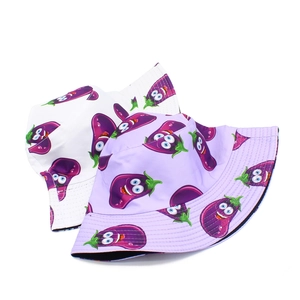 Close-up of stitched brim and cartoon eggplant print on cotton bucket hat set