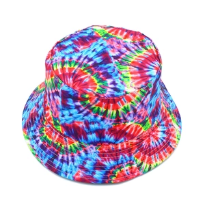 Detail view of colorful tie-dye bucket hat featuring multi-row stitching on the brim