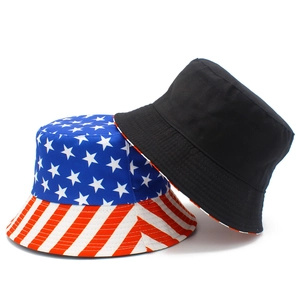 Detail of reversible bucket hat showing American flag pattern and solid black side