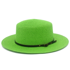 Neon green flat top straw boater hat with black leather strap and gold buckle
