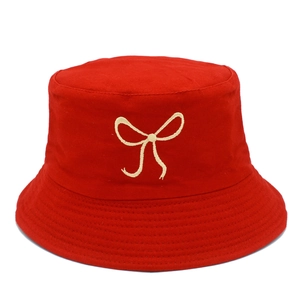 Red cotton bucket hat with beige bow embroidery for women sun protection and fashion style