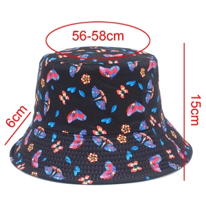 Detailed size chart for butterfly print bucket hat with dimensions 56-58cm circumference