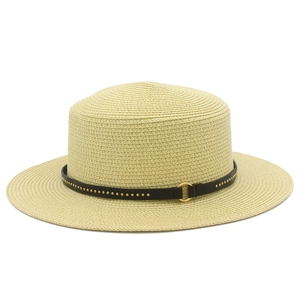 Classic straw boater hat with dark brown belt and gold rivets for summer sun protection