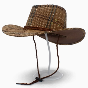 Deep brown straw western cowboy hat with wide brim, adjustable chin strap and metal vents