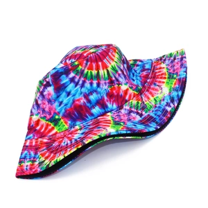 Macro shot of colorful tie-dye bucket hat with reinforced stitching and soft fabric