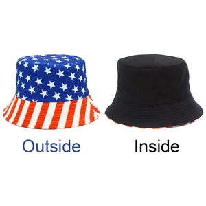 Detail of reversible bucket hat showing USA flag pattern outside and plain black inside