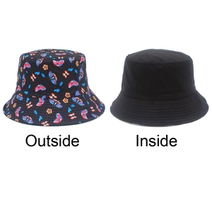 Double-sided bucket hat with colorful butterfly print and solid black design for sun protection