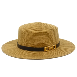 Cappello di paglia a testa piatta francese con tesa larga e cinturino in pelle per il sole