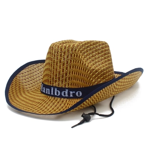 Chapeau de paille homme style western à large bord avec ruban bleu et mentonnière