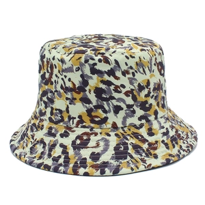 Double-sided leopard print bucket hat with yellow and grey abstract pattern design