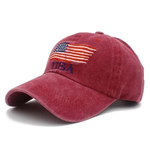 Vintage washed wine red cotton baseball cap with embroidered USA flag and bold lettering