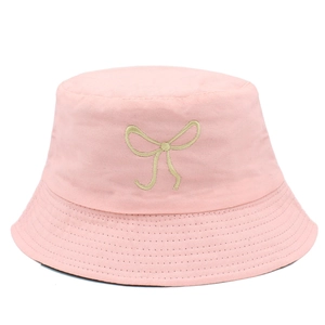 Pink cotton bucket hat with bow embroidery and wide brim for sun protection