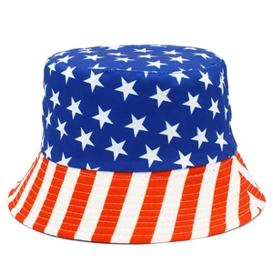 Detail of USA flag pattern bucket hat featuring navy star crown and red striped brim