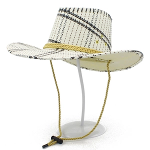 Wide brim woven straw cowboy hat with brown plaid pattern and adjustable wind rope