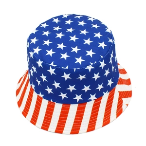 Detail view of cotton bucket hat featuring American flag stars and stripes pattern