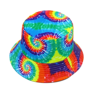 Detail of rainbow tie-dye bucket hat showing stitching and cotton fabric texture