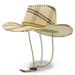 Detail of straw cowboy hat with black plaid brim and adjustable windproof chin strap