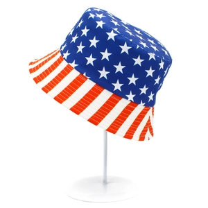 Detail of USA flag pattern bucket hat showing stars and stripes on a display stand