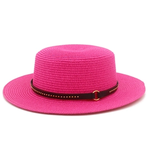 Hot pink straw sun hat with black leather studded band for women outdoor protection