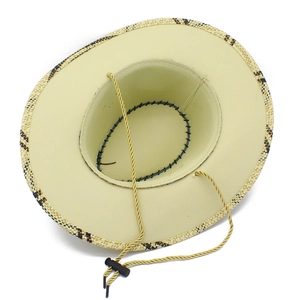 Detail view of woven straw cowboy hat with checkers brim and golden adjustable chin strap