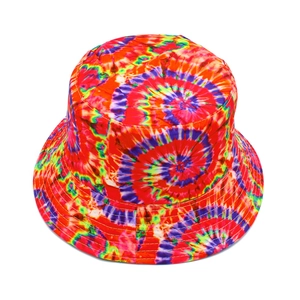 Close-up of rainbow tie-dye bucket hat fabric showing detailed white parallel stitching