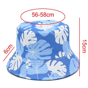 Detailed size chart for tropical leaf bucket hat showing 56-58cm circumference and 6cm brim