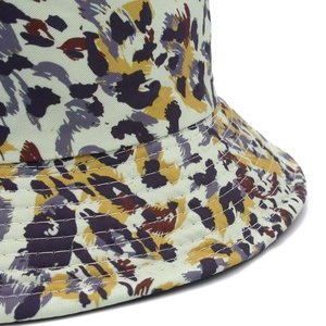 Close-up of leopard bucket hat with colorful print and precise multi-row stitching