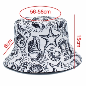 Detail showing dimensions of ocean-themed fisherman hat with starfish and coral prints