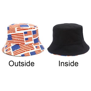Detail view of reversible bucket hat with American flag pattern and solid black interior