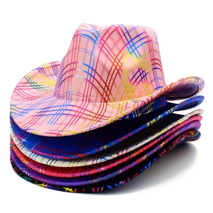 Stack of colorful striped cowboy hats showing multiple vibrant plaid patterns for party wear