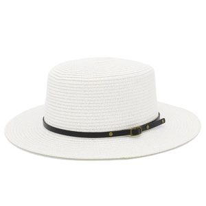 Close-up of white flat-top straw hat featuring a black leather band and metal buckle