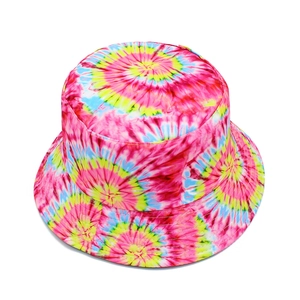 Detailed view of tie-dye bucket hat featuring multi-colored patterns and reinforced stitching