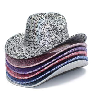 Vertical stack of glitter laser cowboy hats in silver, pink, purple, red and blue colors