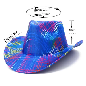 Detailed size specifications of blue western cowboy hat with colorful grid patterns