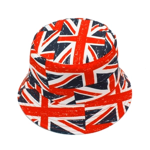 Close-up of UK Union Jack flag print on a double-sided sun protection bucket hat