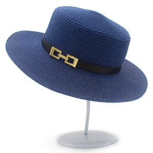 Cappello di paglia blu navy stile francese con nastro nero e fibbia dorata chic