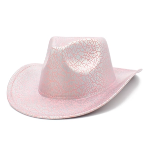 Pink and silver geometric crackle pattern Western cowboy hat with a metallic finish
