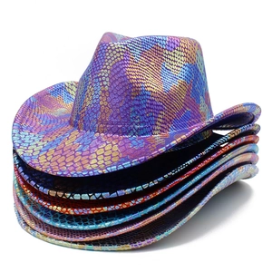 Stacked colorful cowboy hats featuring metallic snakeskin texture and curved brim detail