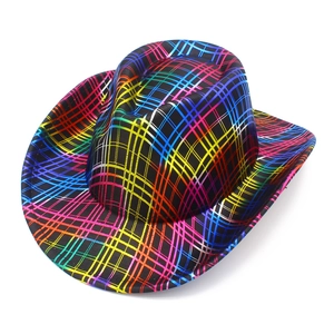 Detail of western cowboy hat featuring vibrant rainbow stripes on a black base