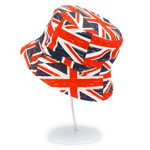 Detail of a vintage Union Jack bucket hat with distressed canvas texture and flag pattern